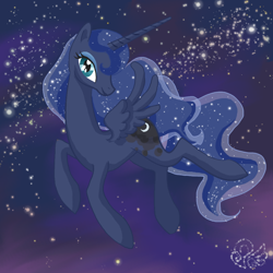 Size: 1000x1000 | Tagged: safe, artist:candasaurus, imported from derpibooru, princess luna, alicorn, pony, female, flying, mare, night, solo, stars