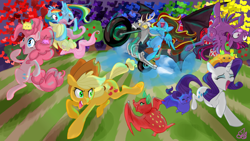 Size: 1280x720 | Tagged: safe, artist:candasaurus, imported from derpibooru, applejack, discord, fluttershy, pinkie pie, rainbow dash, rarity, twilight sparkle, oc, oc:ilovekimpossiblealot, alicorn, earth pony, fruit bat, pegasus, pony, unicorn, bats!, bat out of hell, bipedal, female, mane six, mare, meat loaf, motorcycle, ponysona, rock (music), song reference, twilight sparkle (alicorn)