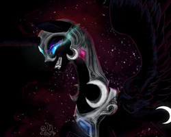 Size: 1500x1200 | Tagged: safe, artist:candasaurus, imported from derpibooru, nightmare moon, alicorn, pony, female, glowing eyes, grin, mare, smiling, solo, spread wings, wings