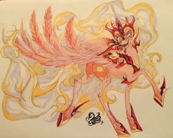 Size: 1280x1020 | Tagged: safe, artist:candasaurus, imported from derpibooru, daybreaker, alicorn, pony, a royal problem, female, mare, raised hoof, simple background, solo, tongue out, traditional art