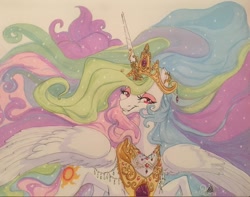 Size: 1280x1011 | Tagged: safe, artist:candasaurus, imported from derpibooru, princess celestia, alicorn, pony, female, jewelry, mare, modified accessory, raised hoof, smiling, solo, spread wings, traditional art, wings