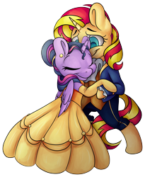 Size: 3823x4651 | Tagged: safe, artist:cutepencilcase, imported from derpibooru, sunset shimmer, twilight sparkle, alicorn, pony, unicorn, absurd resolution, beauty and the beast, clothes, commission, cute, disney, dress, female, lesbian, mare, shimmerbetes, shipping, simple background, sunsetsparkle, transparent background, twiabetes, twilight sparkle (alicorn)