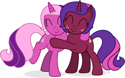 Size: 15947x10000 | Tagged: safe, artist:illumnious, imported from derpibooru, oc, oc only, oc:aura midnight, oc:flares midnight, pony, unicorn, absurd resolution, duo, eyes closed, female, hug, mare, simple background, sisters, smiling, transparent background, vector