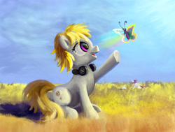 Size: 1653x1248 | Tagged: safe, artist:xbi, imported from derpibooru, oc, oc only, oc:cookie malou, butterfly, pony, female, field, headphones, magenta eyes, mare, scenery, sunlight, yellow mane