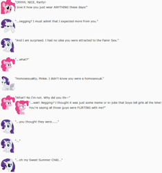 Size: 808x861 | Tagged: safe, artist:dziadek1990, imported from derpibooru, pinkie pie, rarity, compliment, conversation, dialogue, emote story, emotes, female, negging, reddit, slice of life, text