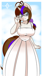 Size: 900x1575 | Tagged: safe, artist:kloudmutt, imported from derpibooru, oc, oc only, oc:crystal lens, anthro, unicorn, adjusting glasses, anthro oc, big breasts, bow, breasts, clothes, cute, dress, female, glasses, looking at you, mare, round glasses, simple background, smiling