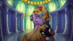 Size: 7717x4339 | Tagged: safe, artist:cutepencilcase, imported from derpibooru, sunset shimmer, twilight sparkle, alicorn, pony, unicorn, absurd resolution, beauty and the beast, clothes, commission, crossover, cute, dancing, disney, dress, female, lesbian, mare, shimmerbetes, shipping, smiling, sunsetsparkle, twiabetes, twilight sparkle (alicorn)