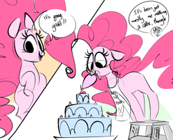 Size: 2587x2096 | Tagged: safe, artist:hattsy, imported from derpibooru, pinkie pie, earth pony, pony, /mlp/, 4chan, apron, cake, clothes, comic, dialogue, female, food, ladder, mare, mouth hold, solo, speech bubble