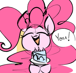 Size: 2214x2126 | Tagged: safe, artist:hattsy, imported from derpibooru, pinkie pie, earth pony, pony, /mlp/, 4chan, apron, cake, clothes, dialogue, eyes closed, female, food, mare, open mouth, plate, smiling, solo, speech bubble