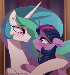 Size: 800x858 | Tagged: safe, artist:verawitch, deleted from derpibooru, imported from derpibooru, princess celestia, twilight sparkle, alicorn, pony, blushing, cuddling, cute, cutelestia, female, lesbian, looking at each other, shipping, twiabetes, twilestia, twilight sparkle (alicorn)