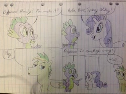 Size: 2592x1936 | Tagged: safe, artist:didgereethebrony, imported from derpibooru, rarity, spike, oc, oc:didgeree, dragon, comic, female, lined paper, male, shipping, sparity, straight, traditional art