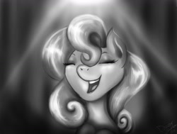 Size: 1280x970 | Tagged: safe, artist:zomixnu, imported from derpibooru, earth pony, pony, bust, eyes closed, female, gray, grayscale, mare, monochrome, open mouth, shine, singing, solo