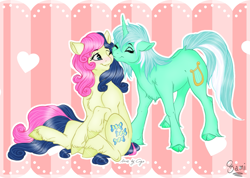 Size: 1233x876 | Tagged: safe, artist:cigarscigarettes, artist:princesssnowfreeze, imported from derpibooru, bon bon, lyra heartstrings, sweetie drops, classical unicorn, earth pony, pony, unicorn, adorabon, blushing, cheek kiss, chest fluff, cloven hooves, collaboration, colored, cute, female, fluffy, kiss on the cheek, kissing, lesbian, lyrabetes, lyrabon, mare, shipping, unshorn fetlocks