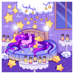 Size: 1200x1200 | Tagged: safe, artist:ipun, imported from derpibooru, oc, oc only, oc:hazel, alicorn, pony, alicorn oc, bed, bedroom, chibi, cloud, eyes closed, female, jar, mare, night, plushie, prone, sleeping, solo, stars, window