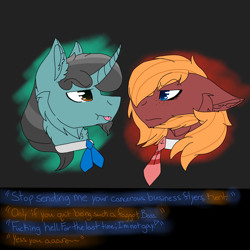 Size: 2560x2560 | Tagged: safe, artist:brokensilence, imported from derpibooru, oc, oc only, oc:bass note, oc:kent income, pony, bow, clothes, dialogue, dialogue box, eye contact, looking at each other, male, necktie, tongue out, vulgar