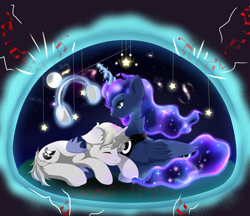 Size: 3006x2600 | Tagged: safe, artist:nihithebrony, imported from derpibooru, princess luna, oc, pony, cute, duo, eyes closed, headphones, magic bubble, moon, music notes, requested art, sleeping, stars