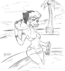 Size: 1200x1323 | Tagged: safe, artist:nayaasebeleguii, imported from derpibooru, oc, oc only, oc:summer skies, human, armpits, bikini, clothes, coca-cola, female, henna, humanized, monochrome, palm tree, parent:oc:rusty mcshale, parent:spitfire, parents:canon x oc, summer, sunglasses, swimming pool, swimsuit, tree