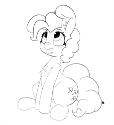 Size: 1280x1400 | Tagged: safe, artist:pabbley, imported from derpibooru, pinkie pie, earth pony, pony, 30 minute art challenge, chest fluff, female, impossibly large ears, lineart, mare, monochrome, open mouth, simple background, sitting, solo, white background