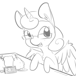 Size: 1650x1650 | Tagged: safe, artist:tjpones, imported from derpibooru, princess flurry heart, alicorn, pony, adorkable, braces, clock, cute, digital clock, dork, female, flurrybetes, food, glasses, grayscale, monochrome, nerd, nerdy heart, older, potato, potato battery, science, simple background, sketch, smiling, solo, teenage flurry heart, teenager, white background