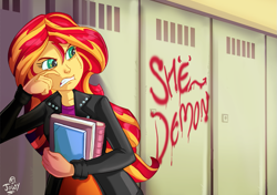 Size: 1017x715 | Tagged: safe, artist:jowyb, artist:jowybean, imported from derpibooru, sunset shimmer, equestria girls, abuse, anon-a-miss, book, bullying, clothes, commission, crying, female, graffiti, hallway, jacket, leather jacket, lockers, school, shimmerbuse, skirt, solo, this will end in school shooting