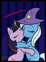 Size: 329x437 | Tagged: safe, artist:madmax, imported from derpibooru, trixie, twilight sparkle, pony, unicorn, cropped, duo, female, kiss on the lips, kissing, lesbian, shipping, twixie