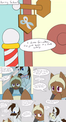 Size: 2400x4400 | Tagged: safe, artist:jake heritagu, imported from derpibooru, oc, oc only, oc:groombsy, oc:sandy hooves, pony, comic:ask motherly scootaloo, barber pole, comb, comic, haircut, mirror, scissors