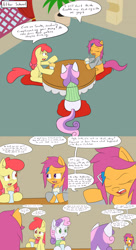 Size: 2400x4400 | Tagged: safe, artist:jake heritagu, imported from derpibooru, apple bloom, scootaloo, sweetie belle, pony, comic:ask motherly scootaloo, clothes, comic, hairpin, motherly scootaloo, plant, shake, straw, sweatshirt, table