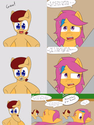 Size: 2400x3200 | Tagged: safe, artist:jake heritagu, imported from derpibooru, scootaloo, oc, oc:lightning blitz, pegasus, pony, comic:ask motherly scootaloo, baby, baby pony, colt, comic, duo, female, hairpin, holding a pony, male, mother and son, motherly scootaloo, offscreen character, offspring, older, older scootaloo, pacifier, parent:rain catcher, parent:scootaloo, parents:catcherloo, speech bubble, sweatshirt