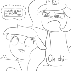 Size: 1650x1650 | Tagged: safe, artist:dsp2003, artist:tjpones, artist:tjpones edits, edit, imported from derpibooru, princess celestia, oc, oc:tater trot, alicorn, earth pony, pony, clipboard, curse cut short, dialogue, ears back, electric light orchestra, female, floppy ears, grayscale, mare, monochrome, oh shit, open mouth, scared, scowl, simple background, sketch, song reference, this will end in tears and/or a journey to the moon, ticket, to the moon, white background, you dun goofed