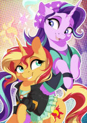 Size: 662x935 | Tagged: safe, artist:dvixie, deleted from derpibooru, imported from derpibooru, starlight glimmer, sunset shimmer, pony, unicorn, beanie, clothes, cute, duo, equestria girls outfit, eye contact, female, geode of empathy, glimmerbetes, hat, looking at each other, magical geodes, shimmerbetes, smiling