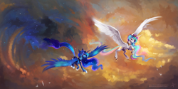 Size: 3464x1732 | Tagged: safe, artist:wilvarin-liadon, imported from derpibooru, princess celestia, princess luna, alicorn, pony, crown, duo, ethereal mane, female, flying, jewelry, large wings, lidded eyes, looking at you, mare, regalia, royal sisters, scenery, sisters, spread wings, starry mane, wings