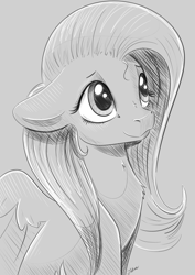 Size: 2894x4093 | Tagged: safe, artist:faline-art, imported from derpibooru, fluttershy, pegasus, pony, bust, female, floppy ears, looking up, mare, monochrome, portrait, smiling, solo, stray strand, three quarter view