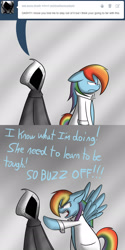 Size: 1024x2048 | Tagged: safe, artist:mikeythefox, imported from derpibooru, rainbow dash, pegasus, pony, ask factory scootaloo, ask rainbow factory dash, fanfic:rainbow factory, clothes, comic, grim reaper, lab coat, rainbow factory dash