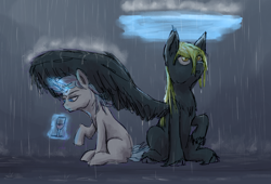 Size: 1244x844 | Tagged: safe, artist:patty-plmh, imported from derpibooru, oc, oc only, hybrid, pegasus, pony, fanfic, fanfic art, gay, male, parent:fancypants, parent:fleur-de-lis, rain, sitting, story included