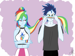 Size: 1024x768 | Tagged: safe, artist:ilaria122, imported from derpibooru, rainbow dash, soarin', equestria girls, annoyed, crossed arms, duo, facial hair, female, geode, geode of super speed, goofy, magical geodes, male, midriff, moustache, ponied up, ponytail, shipping, silly, simple background, soarindash, straight, wristband