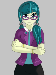 Size: 1500x2000 | Tagged: safe, artist:jupiterthebigorange, imported from derpibooru, juniper montage, equestria girls, spoiler:eqg specials, bracelet, crossed arms, female, glasses, gray background, jewelry, looking at you, pigtails, simple background, solo, twintails