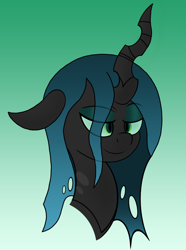 Size: 1024x1377 | Tagged: safe, artist:askshalua, imported from derpibooru, queen chrysalis, changeling, changeling queen, bust, female, floppy ears, gradient background, lidded eyes, portrait, smiling, smirk, solo