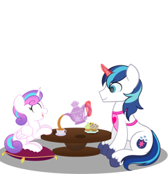 Size: 1024x1060 | Tagged: safe, artist:askshalua, imported from derpibooru, princess flurry heart, shining armor, alicorn, pony, unicorn, best dad ever, cup, cupcake, cute, duo, empty eyes, equestria's best father, eyes closed, father and daughter, female, filly, flurrybetes, food, happy, levitation, like father like daughter, like parent like child, magic, male, older, older flurry heart, open mouth, shining adorable, simple background, sitting, smiling, stallion, table, tea party, teacup, teapot, telekinesis, transparent background