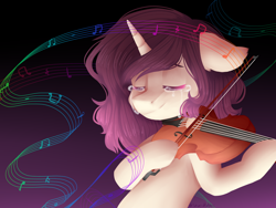 Size: 1600x1200 | Tagged: safe, artist:shiromidorii, imported from derpibooru, oc, oc only, oc:hazel, pony, unicorn, crying, female, mare, music notes, musical instrument, solo, violin