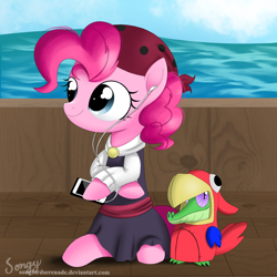 Size: 2000x2000 | Tagged: safe, artist:songbirdserenade, imported from derpibooru, gummy, pinkie pie, parrot, pony, my little pony: the movie, animal costume, clothes, costume, earbuds, gummy the parrot, high res, ocean, pirate, pirate pinkie pie, ship, sitting
