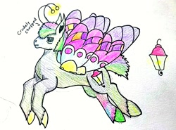 Size: 1273x944 | Tagged: safe, artist:gammapony, imported from derpibooru, oc, oc only, oc:clairvoyance, flutter pony, pony, ponyfinder, butterfly wings, colored pencil drawing, dungeons and dragons, flying, hand drawing, male, pen and paper rpg, rpg, solo, stallion, traditional art