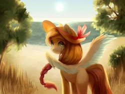 Size: 2560x1920 | Tagged: safe, artist:aphphphphp, imported from derpibooru, oc, oc only, pegasus, pony, beach, butt, colored wings, colored wingtips, female, hat, looking back, mare, ocean, plot, solo, spread wings, wings