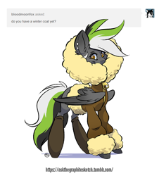 Size: 722x797 | Tagged: safe, artist:kez, imported from derpibooru, oc, oc only, oc:graphite sketch, pegasus, pony, ask, askthegraphitesketch, clothes, coat, female, fluffy, piercing, socks, solo, tumblr