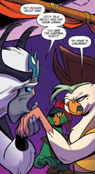 Size: 611x1117 | Tagged: safe, artist:andypriceart, idw, imported from derpibooru, captain celaeno, mullet (character), storm king, anthro, my little pony: the movie, spoiler:comic, spoiler:comic mlp movie prequel, disgusted, hand kiss, kissing, male, mullet (g4), my little pony: the movie prequel, official comic, platonic kiss, speech bubble