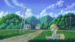 Size: 2560x1440 | Tagged: safe, artist:ailynd, imported from derpibooru, derpy hooves, pegasus, pony, female, hill, prone, scenery, sky, smiling, solo, telephone pole