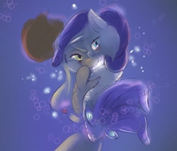 Size: 2389x2047 | Tagged: safe, artist:yajima, imported from derpibooru, applejack, rarity, earth pony, pony, seapony (g4), unicorn, my little pony: the movie, blue background, blushing, bubble, dorsal fin, female, fin, fish tail, flowing mane, flowing tail, glowing, horn, lesbian, looking at you, mare, ocean, rarijack, seaponified, seapony applejack, seapony rarity, shipping, simple background, smiling, smiling at you, species swap, swimming, tail, underwater, water