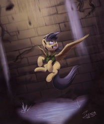 Size: 1024x1224 | Tagged: safe, artist:insanerobocat, imported from derpibooru, daring do, pegasus, pony, clothes, collapsing ceiling, female, mare, shrunken pupils, signature, solo, water