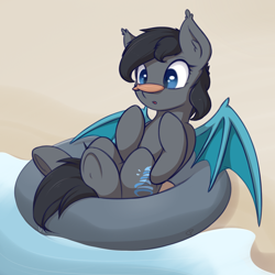 Size: 2100x2100 | Tagged: safe, artist:theparagon, imported from derpibooru, oc, oc only, oc:seachell, bat pony, pony, beach, cute, female, inner tube, mare, seashell, solo, underhoof, water