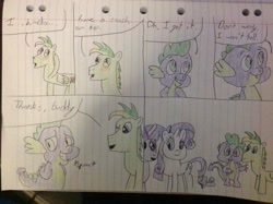 Size: 2592x1936 | Tagged: safe, artist:didgereethebrony, imported from derpibooru, rarity, spike, twilight sparkle, oc, oc:didgeree, dragon, lined paper, traditional art