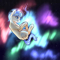 Size: 1000x1000 | Tagged: safe, artist:mocchiba, imported from derpibooru, oc, oc only, oc:celestial charm, pony, aurora borealis, floating, magic, magic bubble, solo, space